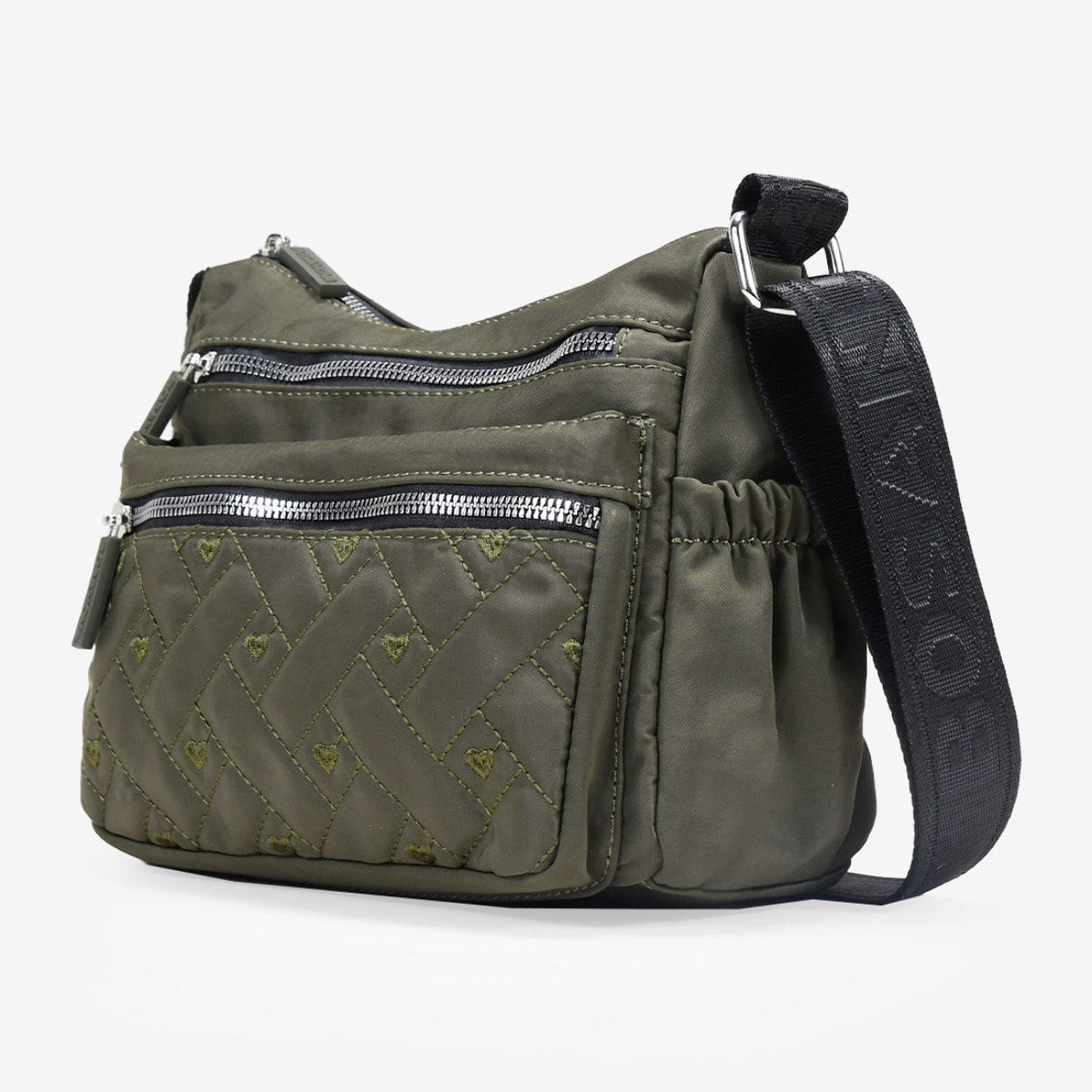 Bolso bandolera verde con cosido de corazones