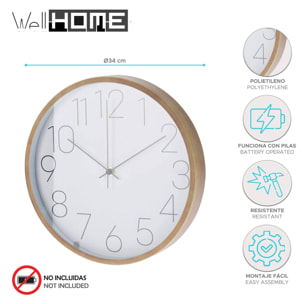 Well Home Reloj de Pared Moderno con Borde de Aspecto Madera - Esfera Blanca y Agujas Finas Ø30,5cm