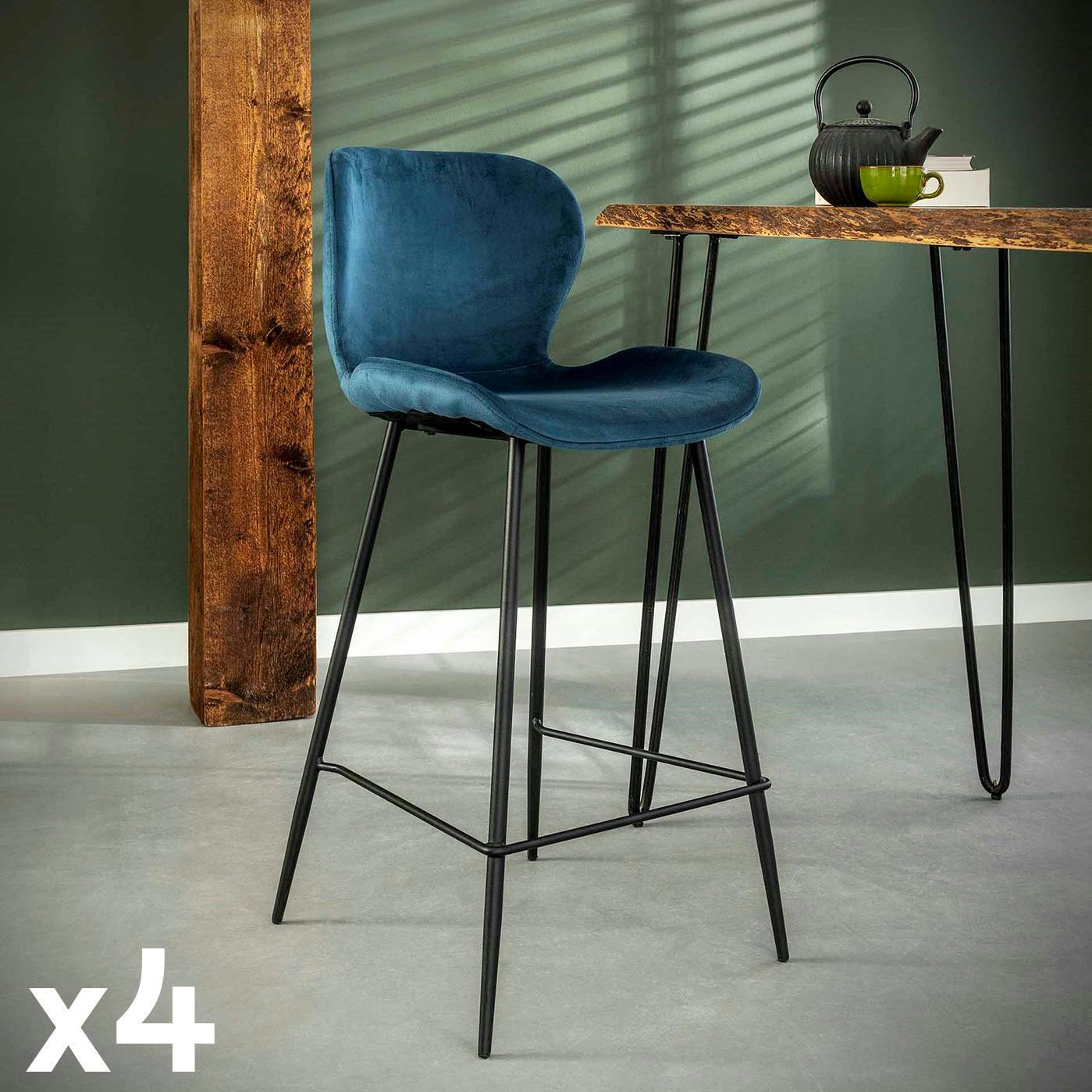 Chaise de bar velours bleu MELBOURNE (lot de 4)