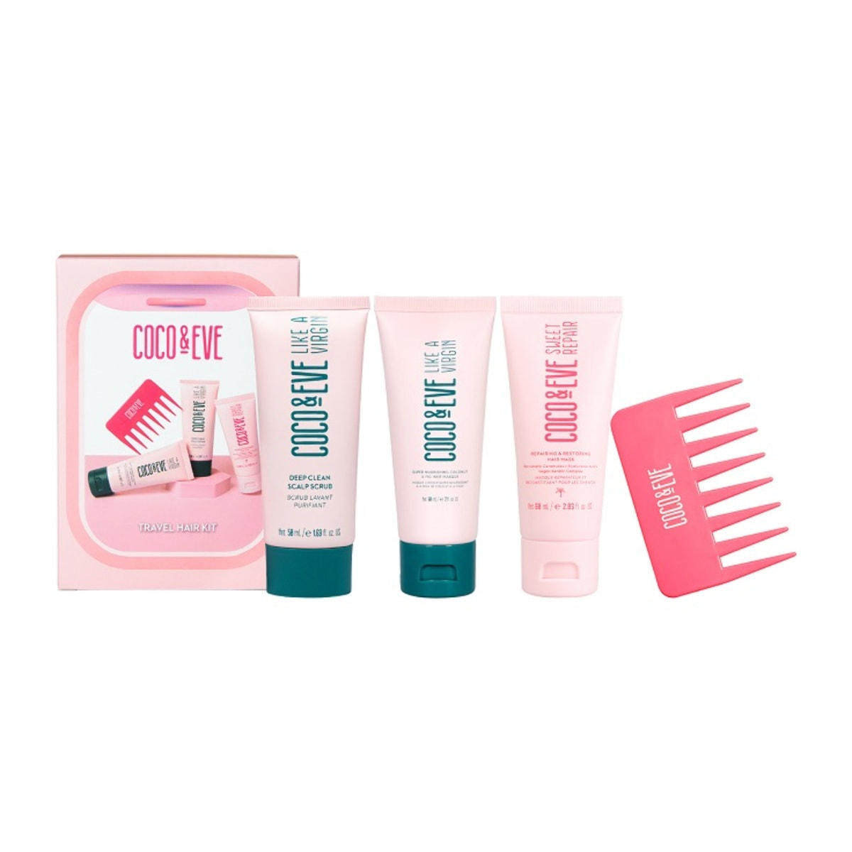 COCO & EVE Set Travel Hair Nourishing Mask 60ml + Repairing Mask 60ml + Scrub 50ml + Detangling Comb