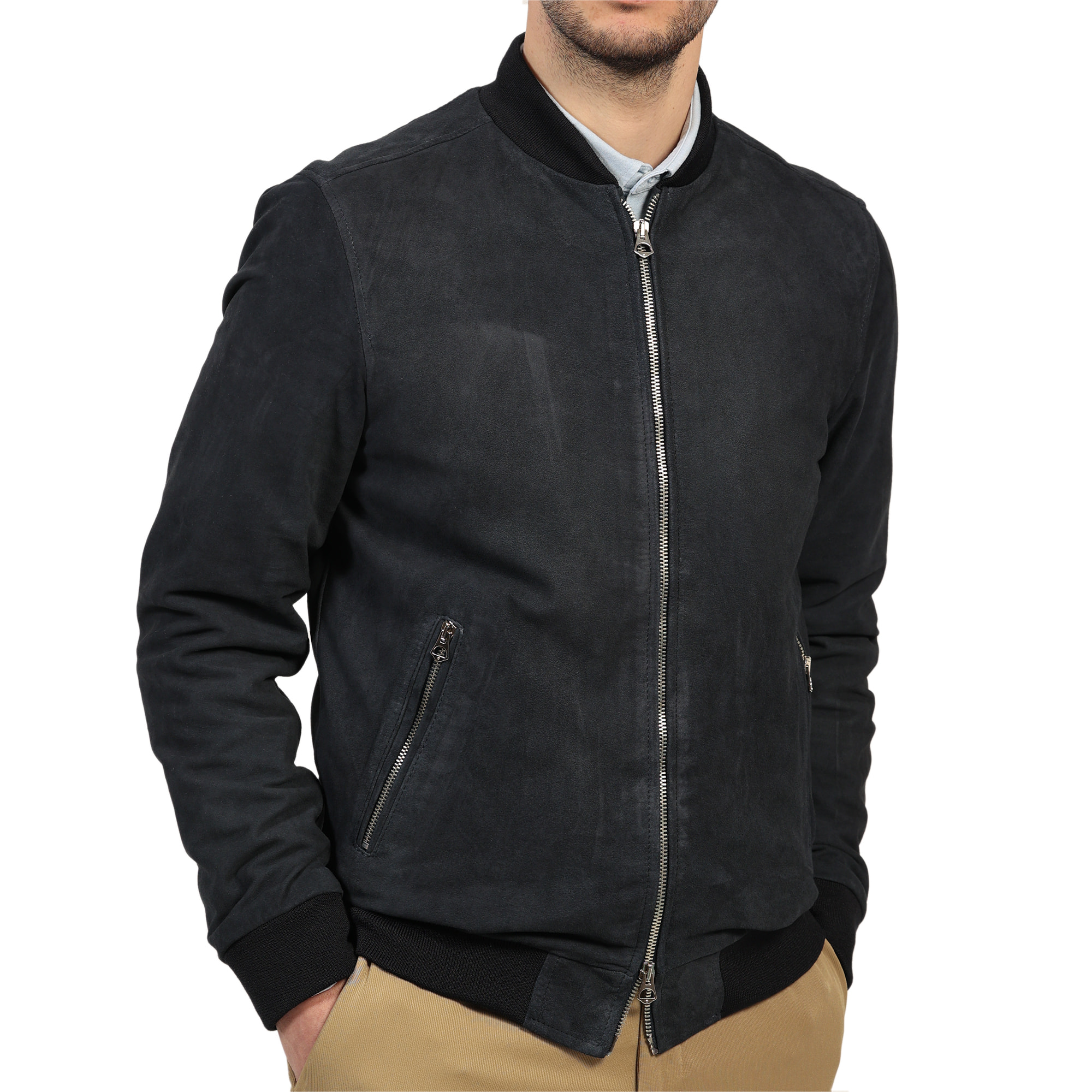 Giubbino in vera pelle di vitello scamosciata Blu-Slim Fit