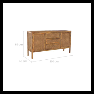 Buffet en cannage et bois 2 portes 3 tiroirs - Tiki