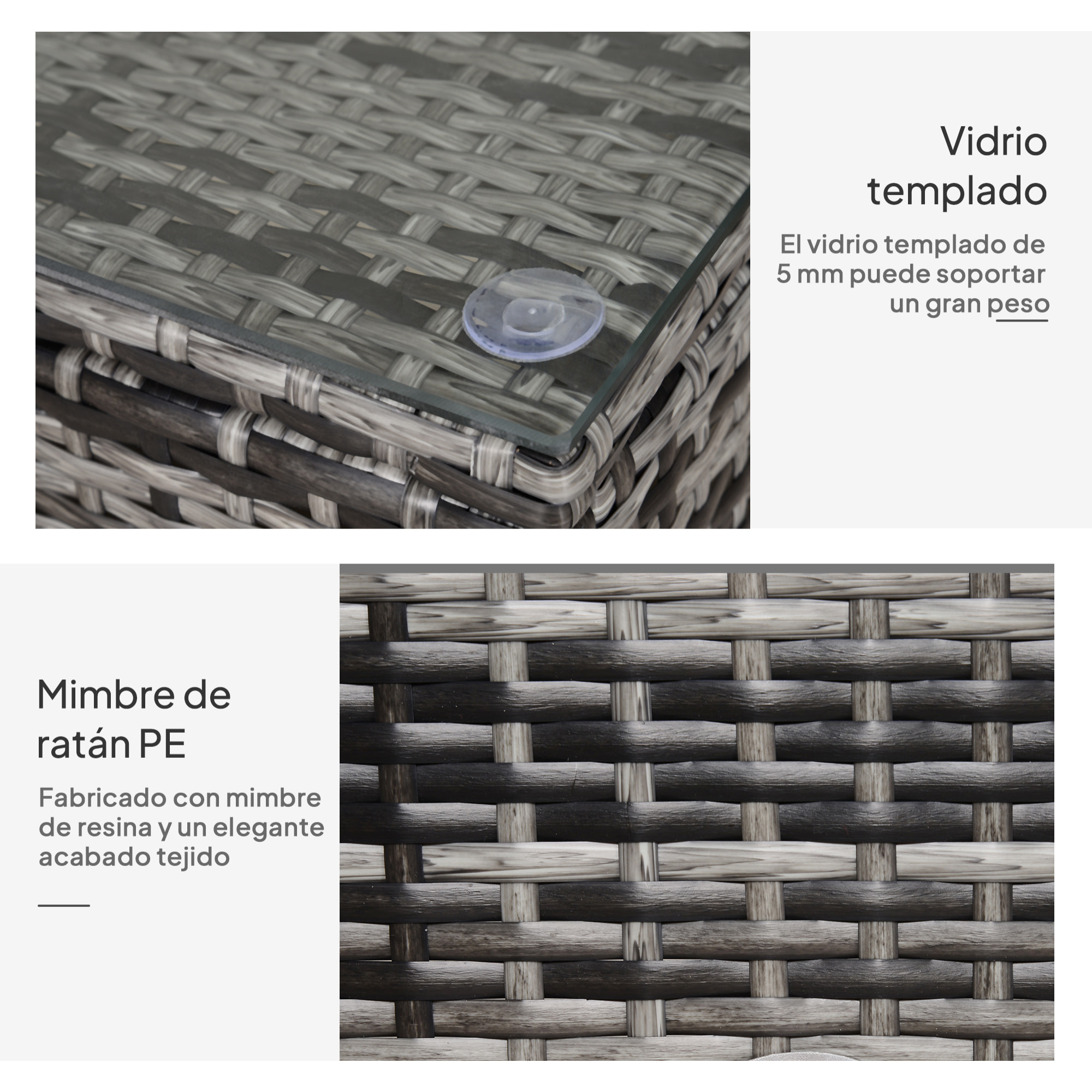 Mesa de Jardín de Ratán Sintético Mesita Auxiliar con Vidrio Templado para Terraza Patio Balcón 85x50x39 cm Gris