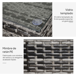 Mesa de Jardín de Ratán Sintético Mesita Auxiliar con Vidrio Templado para Terraza Patio Balcón 85x50x39 cm Gris