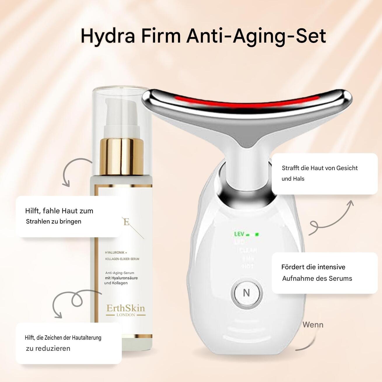 Set antiedad Hydra Firm (masajeador facial y de cuello - blanco con suero de ácido hialurónico)