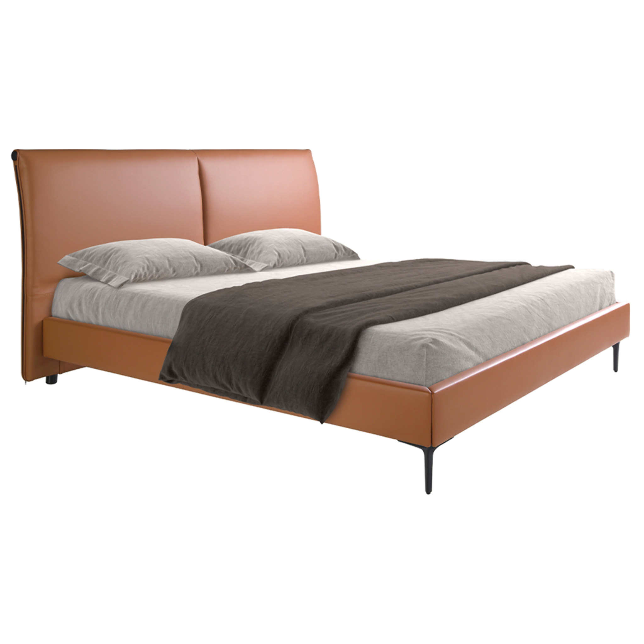 Cama de matrimonio con cabecero y estructura en polipiel marrón y patas de acero inoxidable en epoxi negro 205x212x110cm