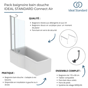 Pack baignoire bain douche 170 x 80 cm gauche Connect Air + tablier + pare bain avec volet  + pieds + vidage Blanc