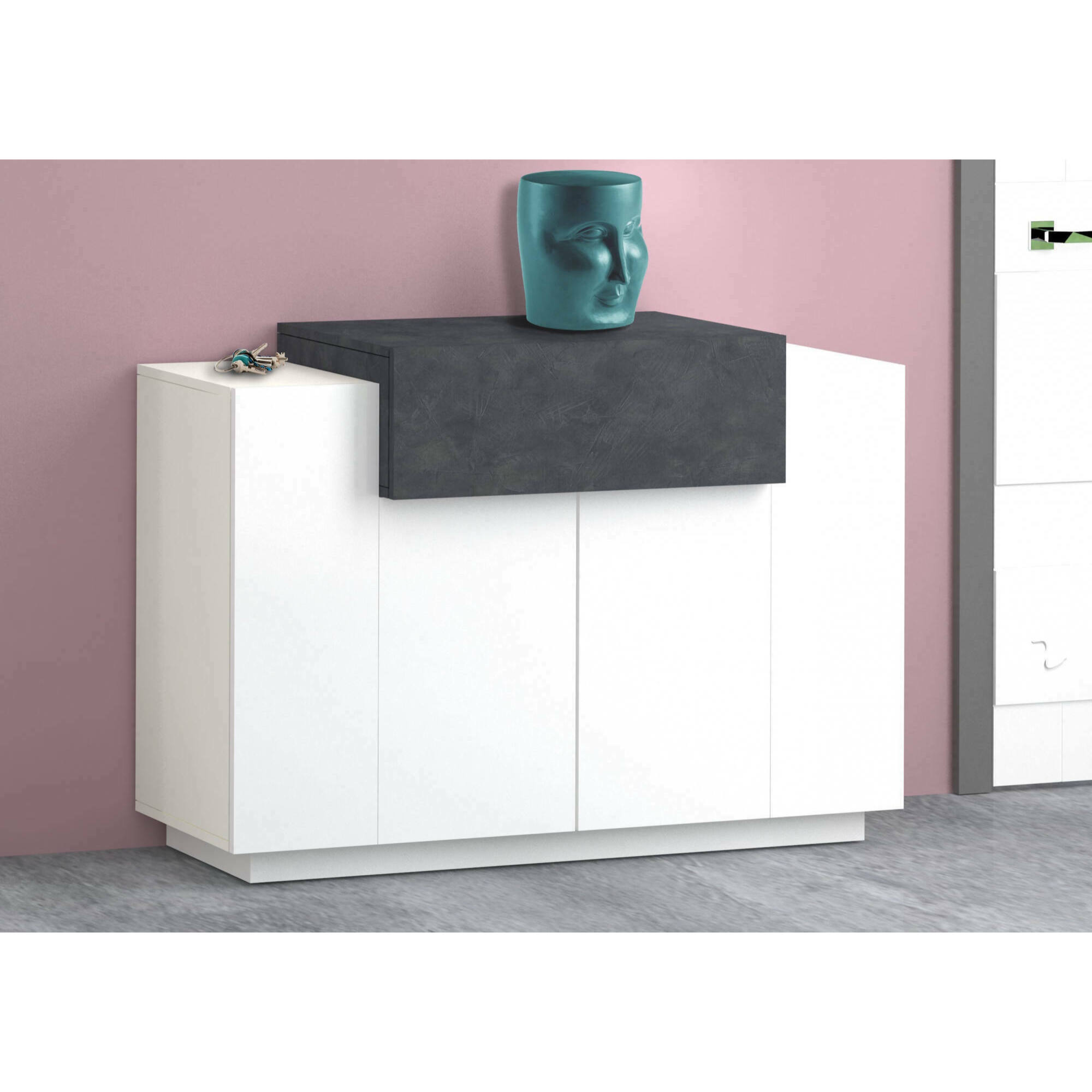 Scarpiera moderna, Made in Italy, a 2 ante e 1 anta a ribalta, Portascarpe da ingresso, Mobile multiuso, cm 120x45h86, colore Bianco lucido e Grigio Cenere