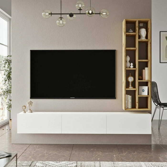 Mobile porta TV Dnegrett, Credenza da soggiorno, Armadio basso per TV, Base parete attrezzata, 175x27h25 cm, Quercia e Bianco