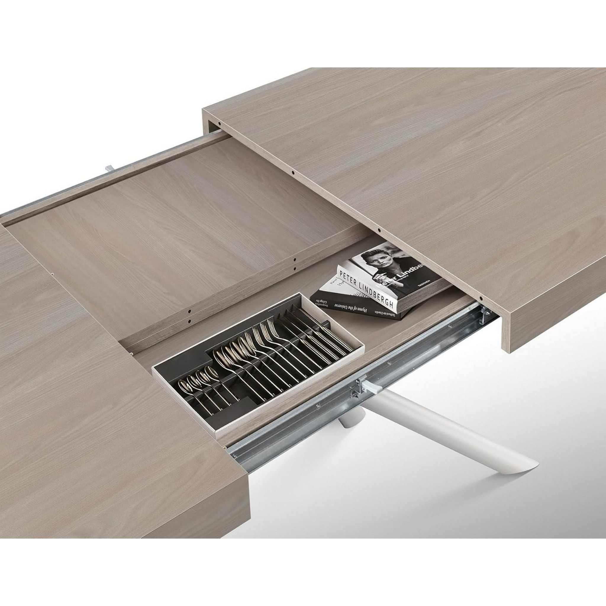 Tavolo CARRARA in legno, finitura olmo perla e base in metallo verniciato bianco, allungabile 140x90 cm - 220x90 cm