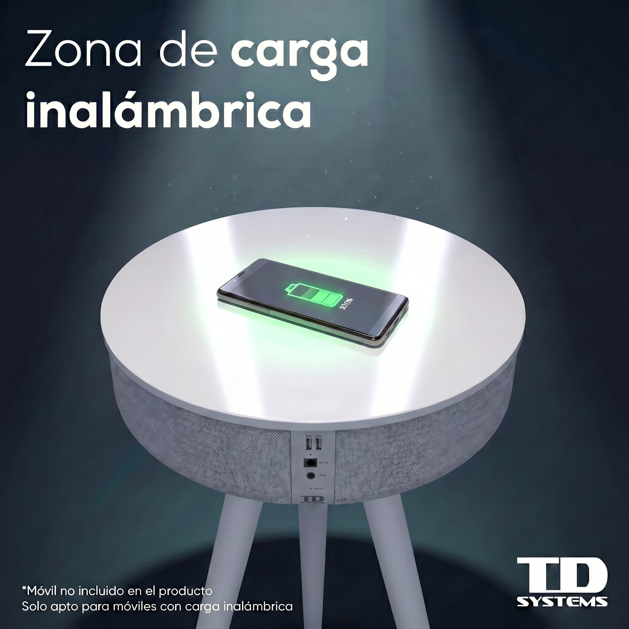 Mesa auxiliar altavoz portátil con sonido de 30W, Bluetooth, base de carga inalámbrica, batería de 2200mAh. Mesilla o mesita para dormitorio o sala de estar - TD Systems SM30B11WB [Lacado blanco]