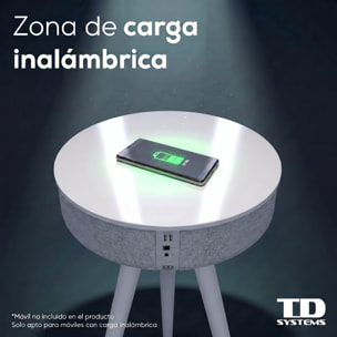 Mesa auxiliar altavoz portátil con sonido de 30W, Bluetooth, base de carga inalámbrica, batería de 2200mAh. Mesilla o mesita para dormitorio o sala de estar - TD Systems SM30B11WB [Lacado blanco]