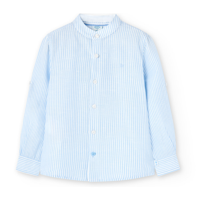 Camisa lino manga larga niÃ±o, cuello Mao, estampada, rayas