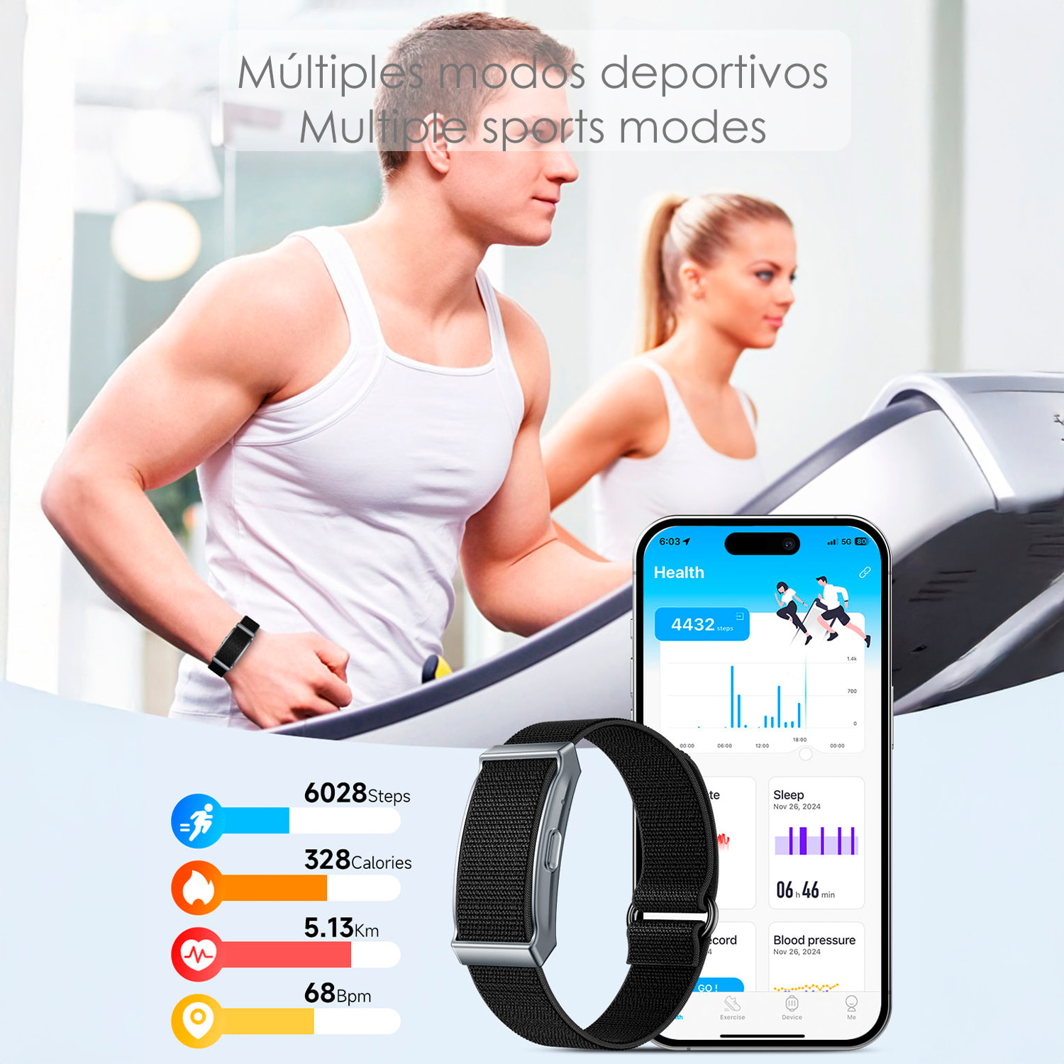 Smartband QS90 diseño sin pantalla con monitor inteligente de actividad y salud. Más de 100 modos deportivos. Correa de nylon.