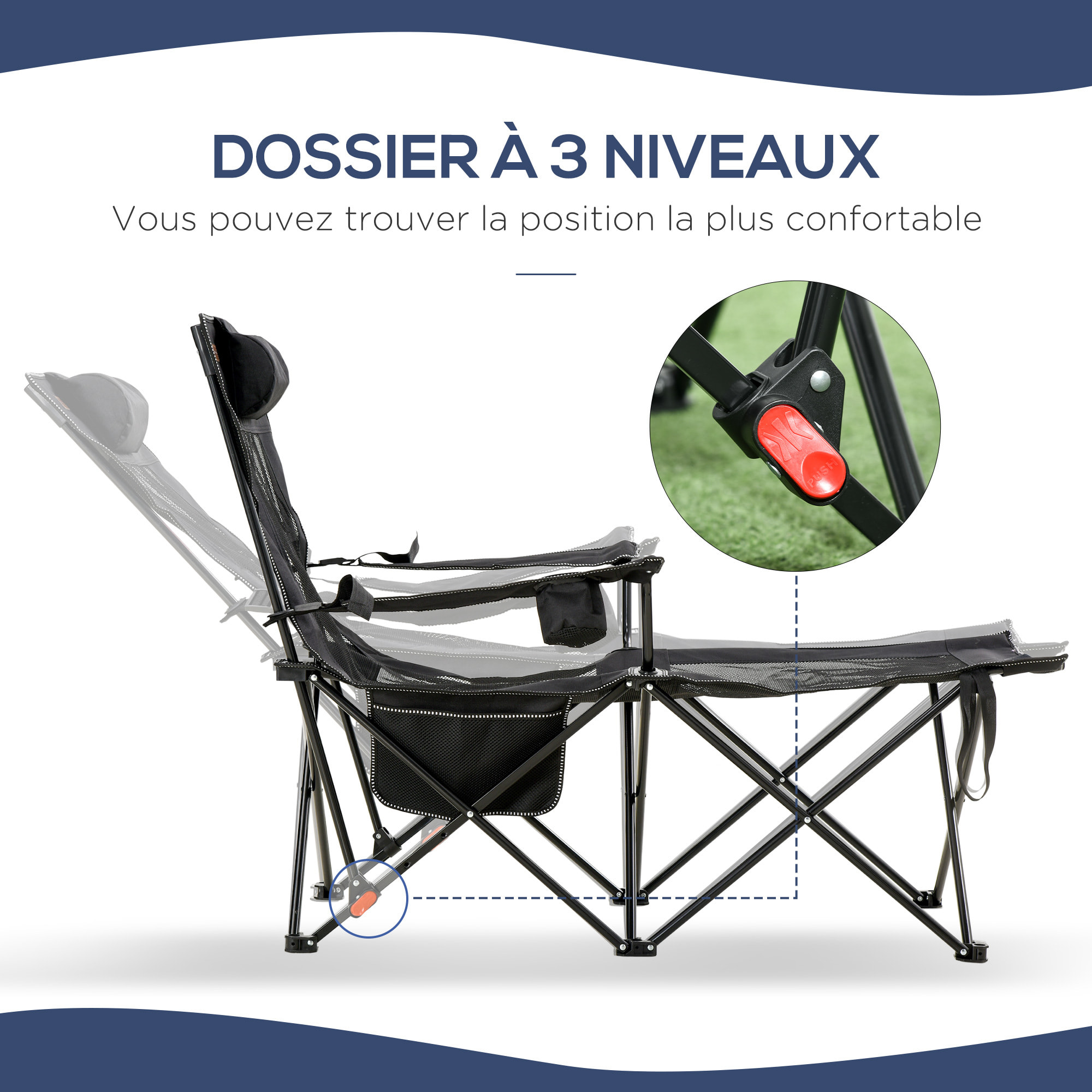 Chaise de camping pliable réglable - repose-pied, porte-gobelets, tétière, pochette, sac transport - noir