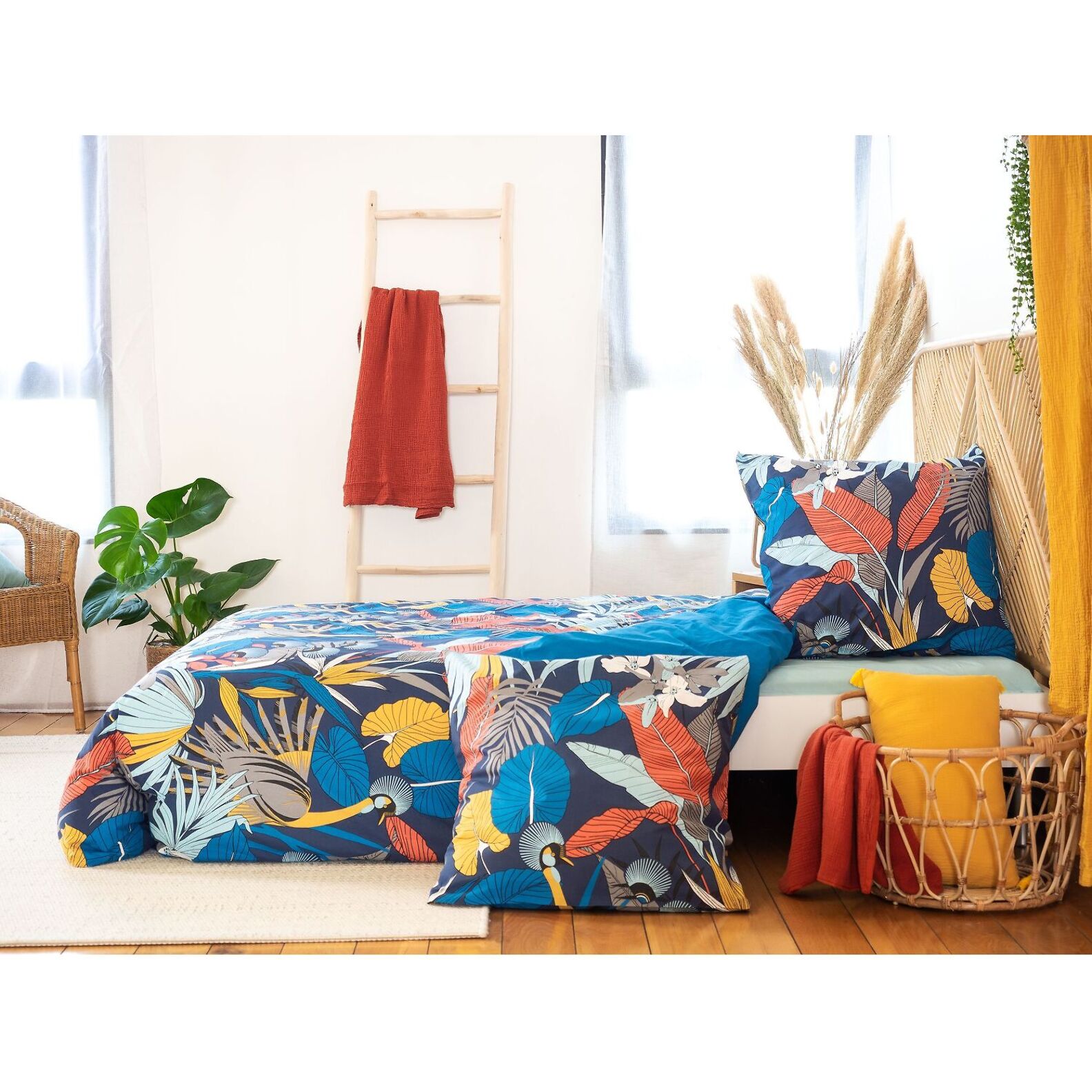 Parure housse de couette satin de coton bleu