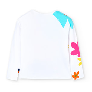 Camiseta larga niÃ±a estampada, cuello redondo, blanco