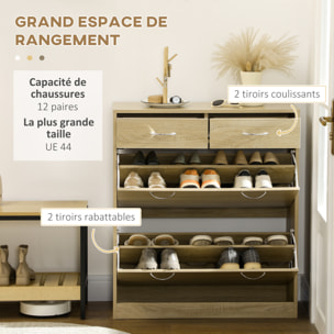 Armoire meuble à chaussures multi-rangement 2 abattants double niveau 2 tiroirs aspect chêne clair