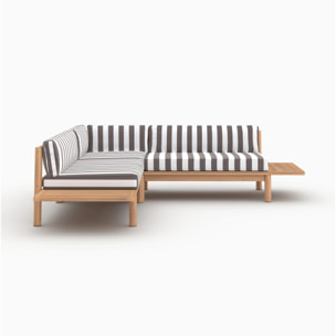 Canapé d'angle de jardin, teck massif et coussins rayés gris 4 places - Nadila