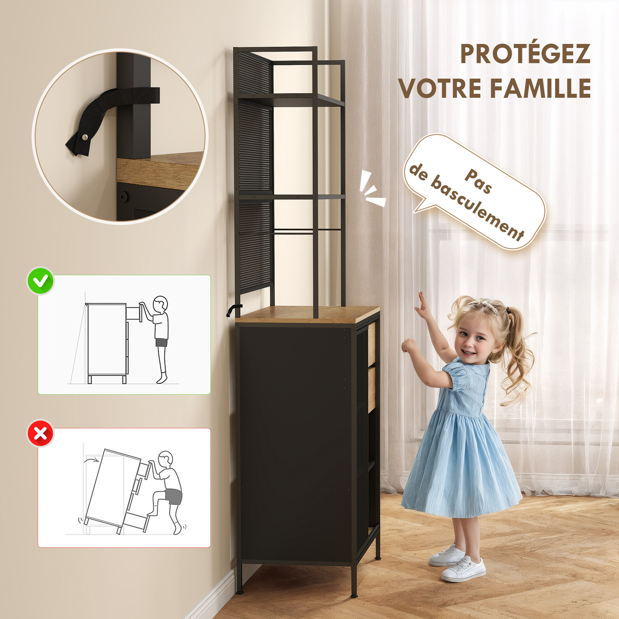 Buffet haut cuisine, armoire de cuisine avec plan de travail, porte coulissante en maille, tiroirs et étagères ouvertes, meuble de rangement industriel, 60x40x180cm, bois naturel et noir