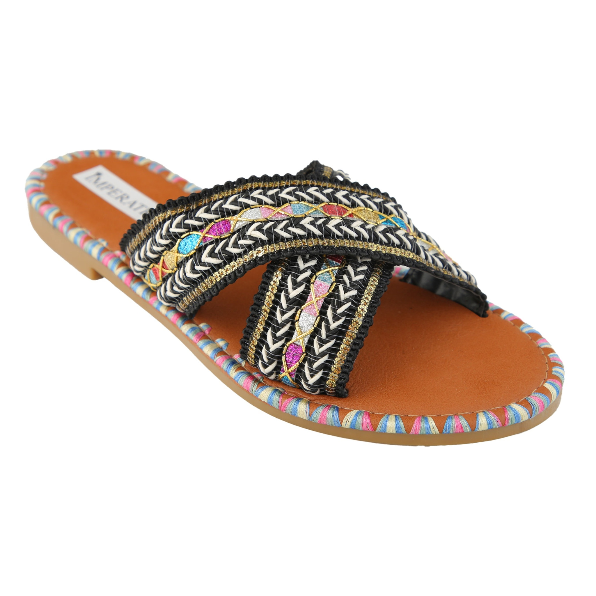 Ciabatte con fasce intrecciate ricamate multicolore