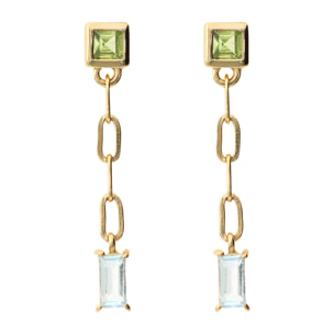 Orecchini Pendenti a Filo in Argento 925 placcato Oro Giallo 18Kt con Peridoto Verde e Topazio Blu