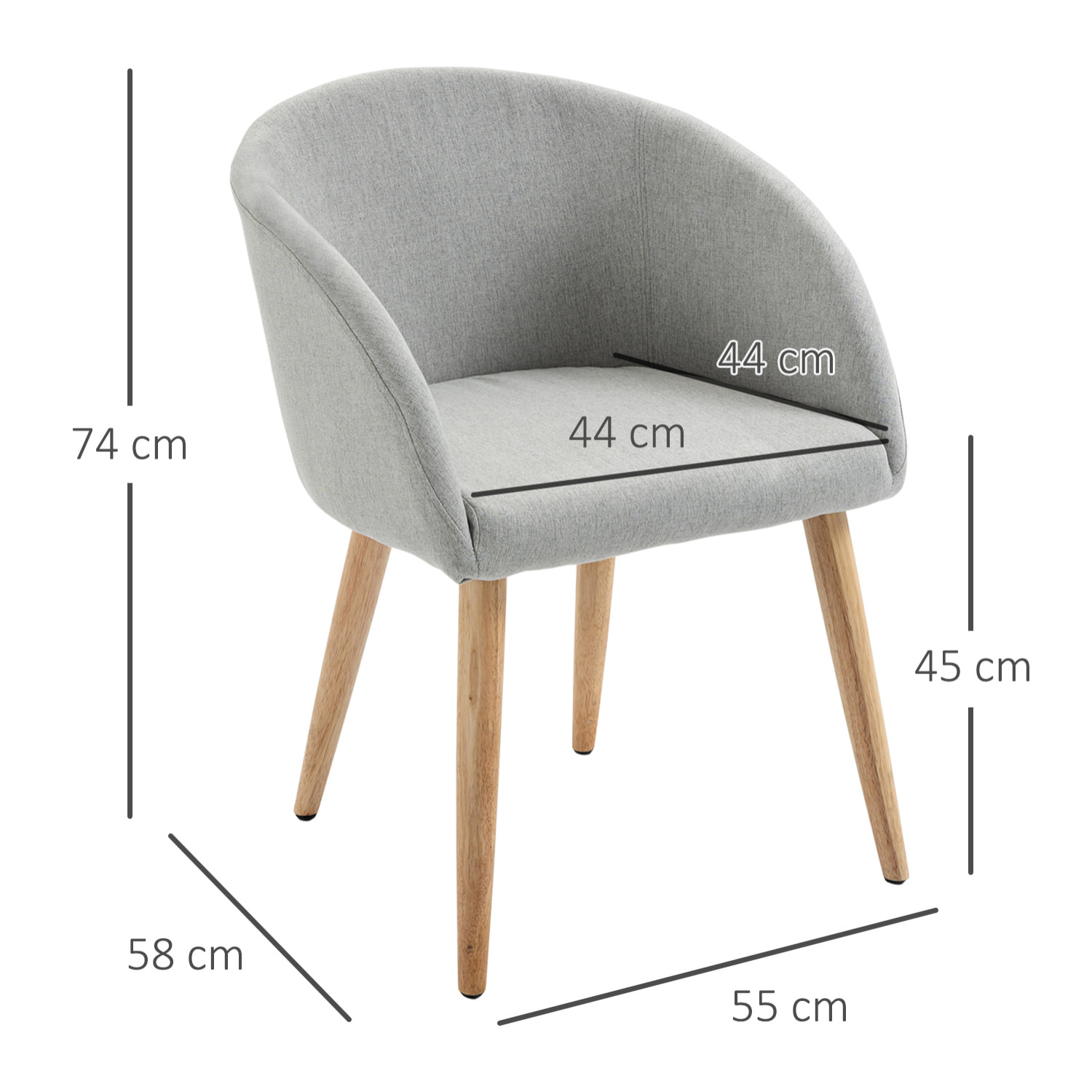 HOMCOM Silla de Comedor Tapizada en Lino Sintético Transpirable con Asiento Acolchado y Patas de Madera Silla de Ocio Moderna para Salón Dormitorio 55x58x74 cm Gris