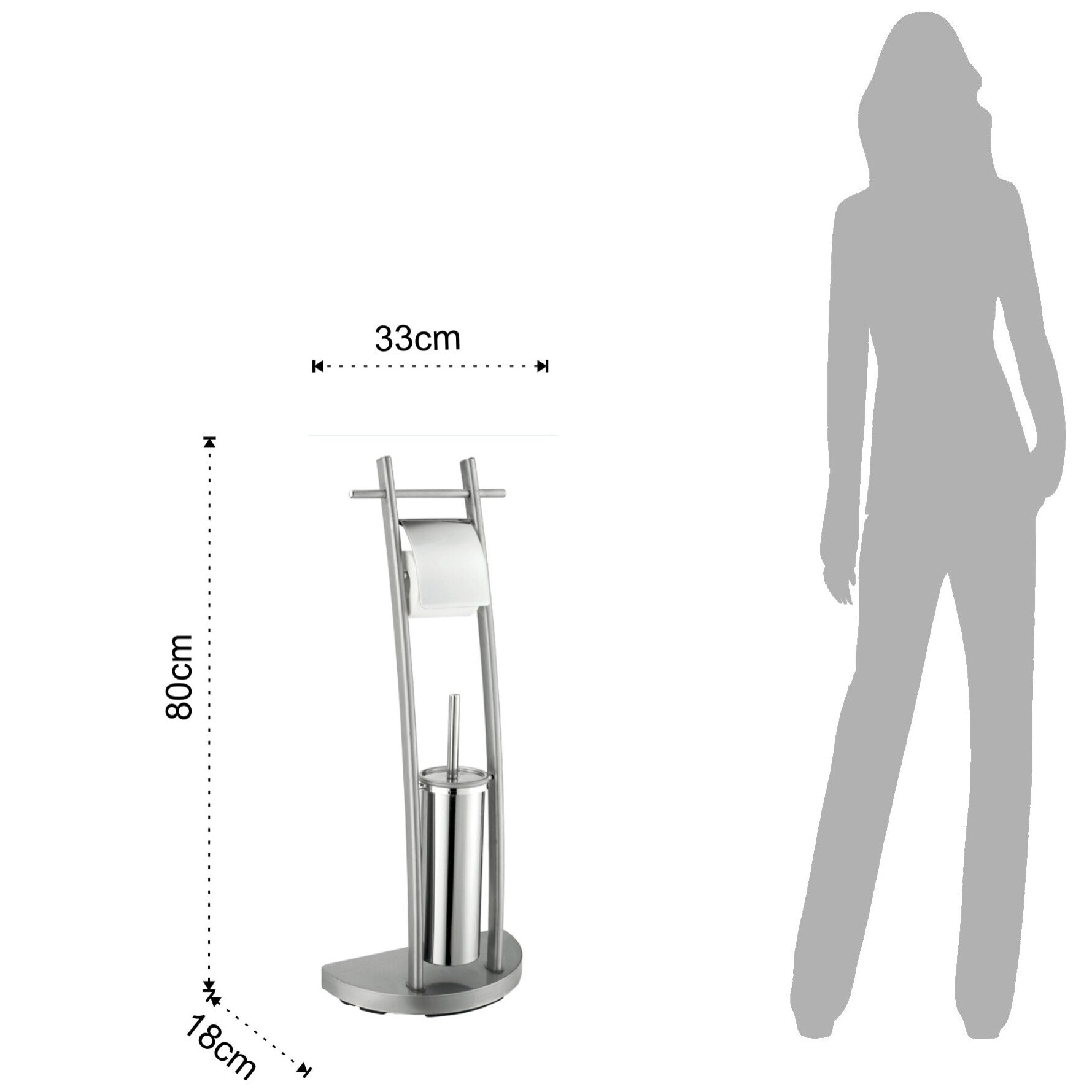 Porte-papier toilette avec brosse WC Tomasucci THEO, en acier et métal, argenté, 33 × 18 × 80 cm