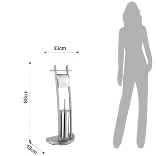 Porte-papier toilette avec brosse WC Tomasucci THEO, en acier et métal, argenté, 33 × 18 × 80 cm