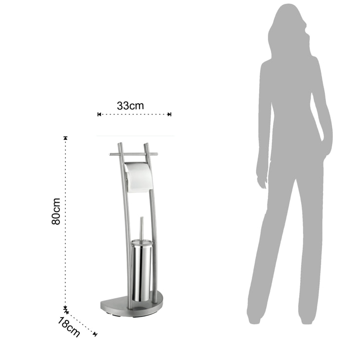 Porte-papier toilette avec brosse WC Tomasucci THEO, en acier et métal, argenté, 33 × 18 × 80 cm