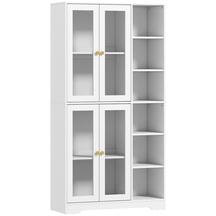 Buffet haut cuisine vaisselier vitrine 4 portes 7 étagères poignées dorées effet bois blanc