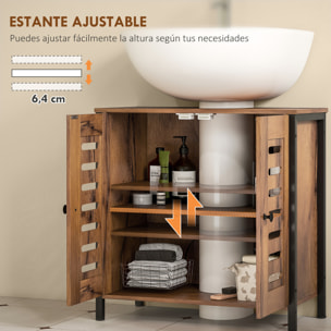 Mueble Bajo Lavabo, Mueble de Baño Industrial, 2 Puertas de Lamas con Cierre Magnético, Estante Ajustable, para Lavabos sin Pedestal, 60x30x60 cm, Marrón Rústico
