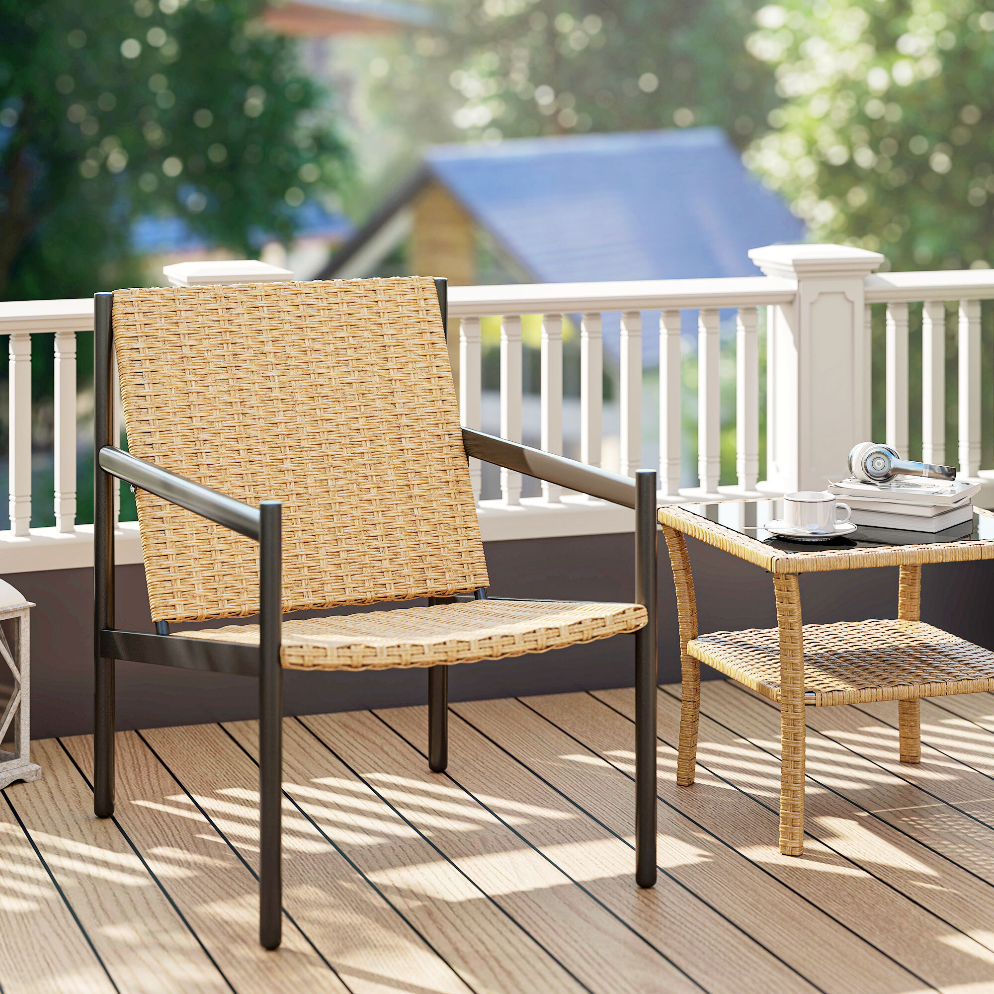 Silla de Ratán de Jardín Individual Silla para Exterior Resistente a la Intemperie con Reposabrazos Respaldo Inclinado y Estructura de Acero Carga 120 kg para Terraza Patio Balcón Natural