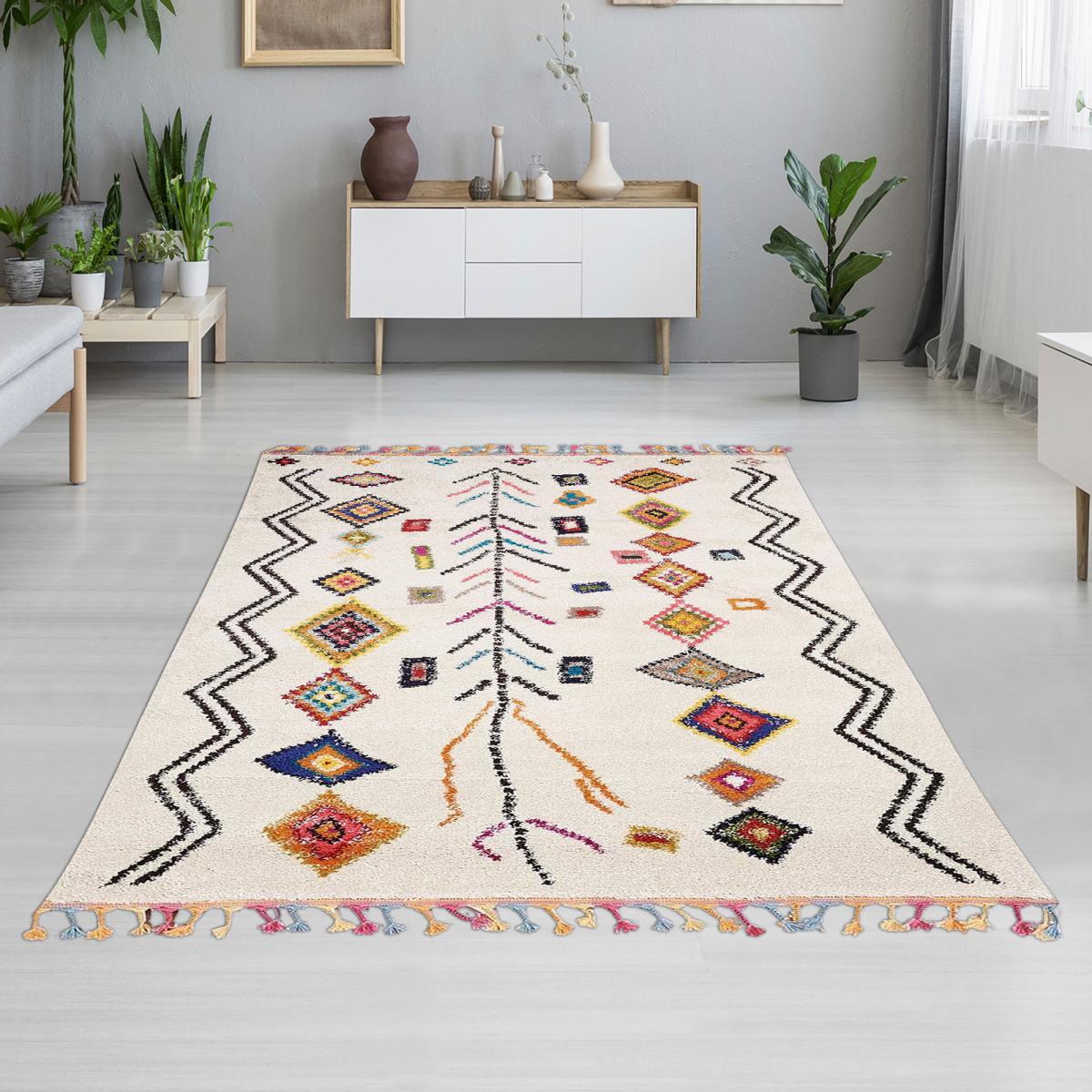 Tapis Mevo crème et multicolore motif traditionnel berbère