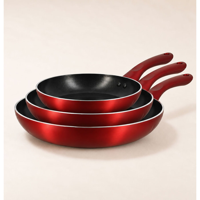 Lot de 3 poêles en aluminium rouge - tous feux  CERISE