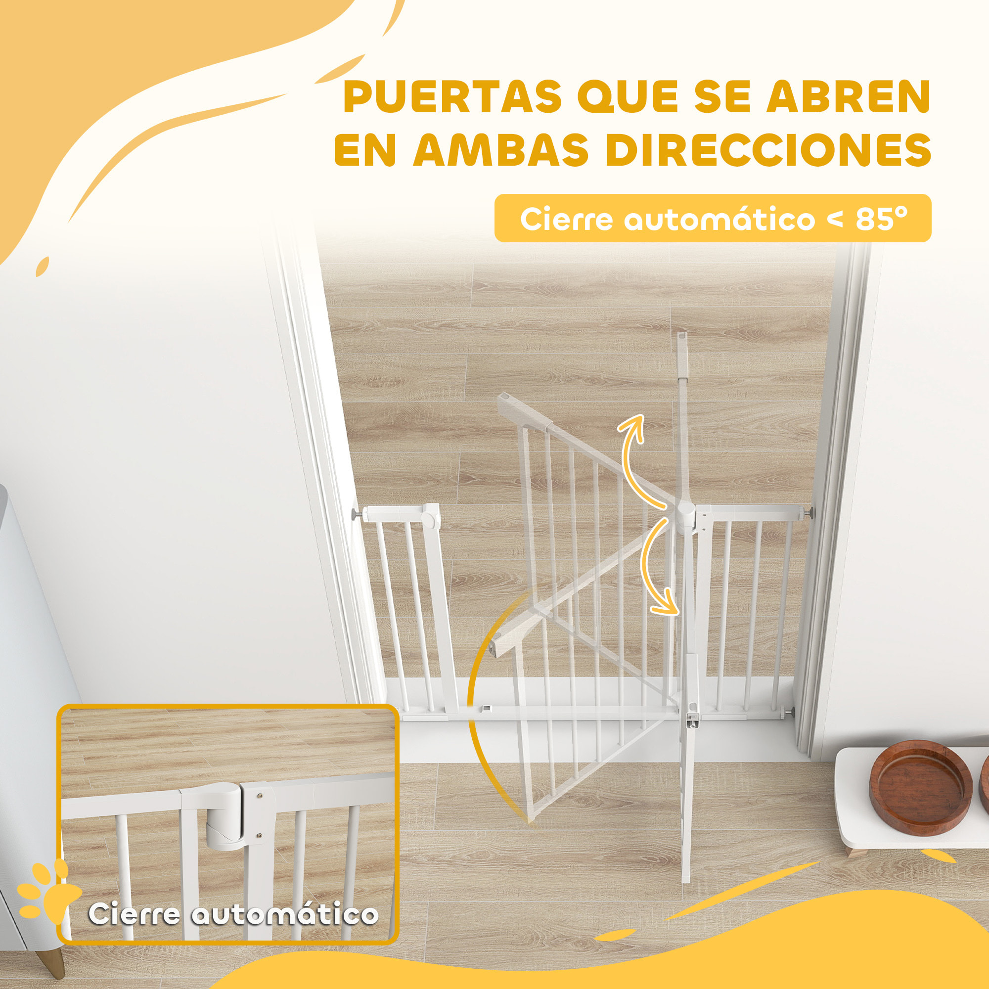 Barrera de Seguridad para Niños y Perros, Extensible 76-103 cm, Puerta para Perros, Bloqueo Doble, Cierre Automático, Apertura Dos Sentidos, Montaje a Presión, 2 Extensiones 7/14 cm, Blanco