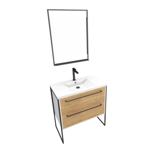 Pack meuble de salle de bain 80x50 cm Blanc - 2 tiroirs blanc - vasque blanche - miroir à led