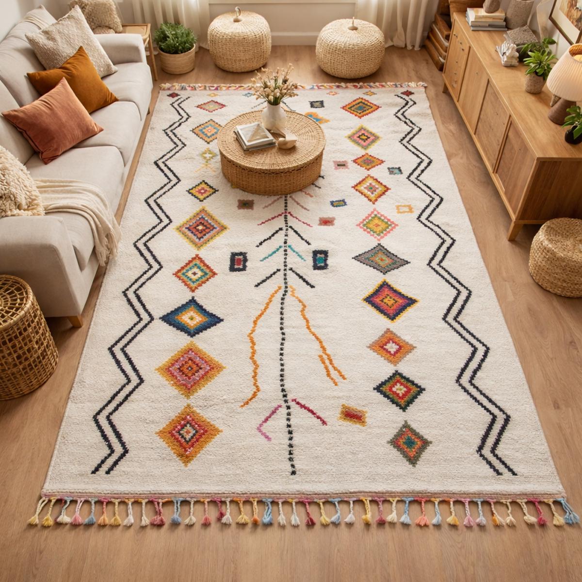 Tapis Mevo crème et multicolore motif traditionnel berbère