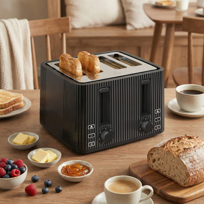 Tostadora 4 Ranuras Anchas, Tostador de Pan, 7 Niveles de Tostado, Función Descongelar, Recalentar y Cancelar, Bandeja de Migas Extraíble, 1710W, Negro