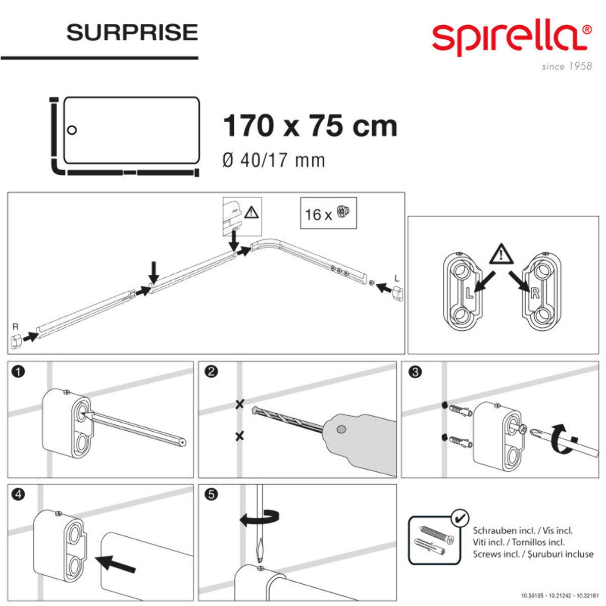 Barre tringle pour rideau de douche d'angle à fixer en Alu SURPRISE 170x75cm Finition Brillante - Spirella