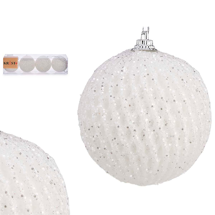 Set de 4 bolas navideñas blancas con relieve. Diámetro 7cm.
