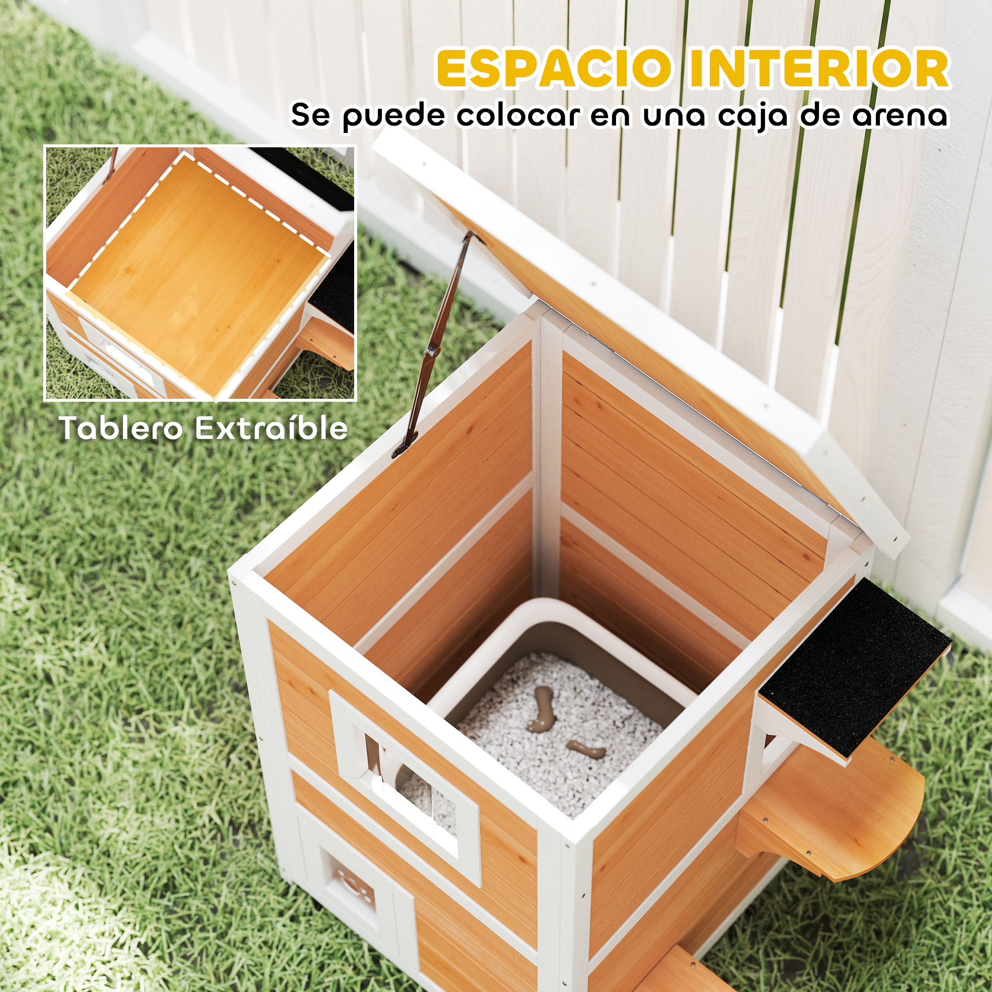 Caseta para Gatos de Madera Exterior, Casa para Gatos de 2 Niveles con Techo Abatible, Panel Central Extraíble, Ventanas, Puertas, para Terraza, Balcón, Jardín, 51x51x81,3 cm, Natural y Blanco