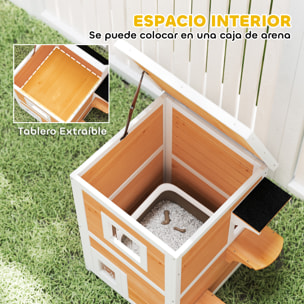 Caseta para Gatos de Madera Exterior, Casa para Gatos de 2 Niveles con Techo Abatible, Panel Central Extraíble, Ventanas, Puertas, para Terraza, Balcón, Jardín, 51x51x81,3 cm, Natural y Blanco