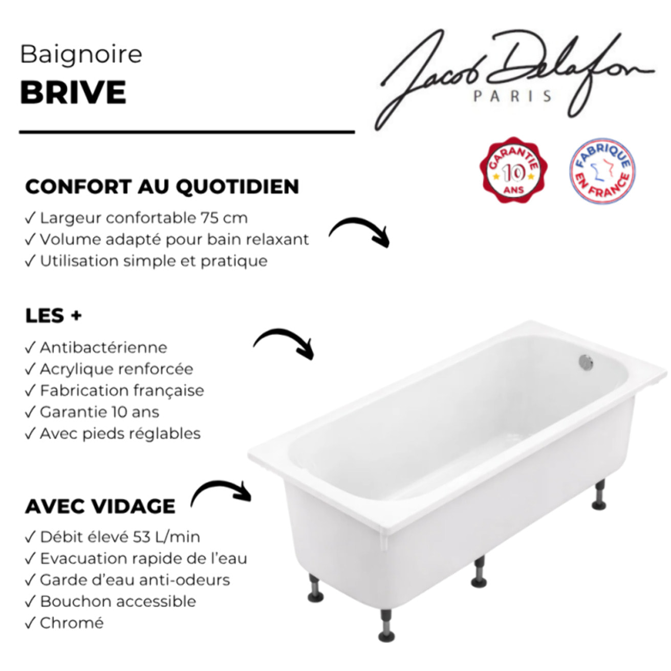 Baignoire droite 170 X 75 Brive avec vidage chromé
