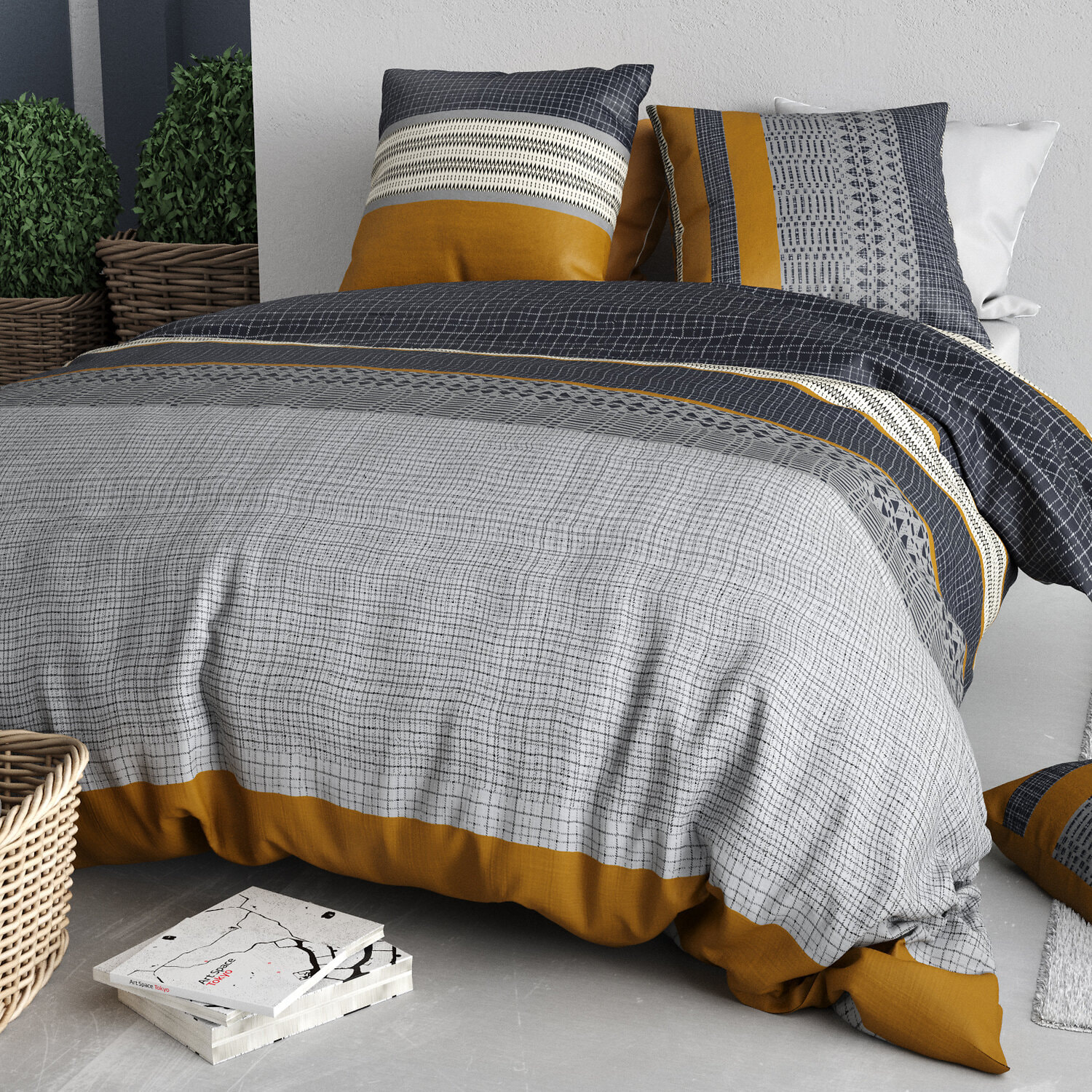 Parure housse de couette coton gris