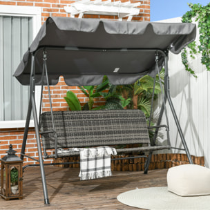 Columpio de Jardín Exterior de 3 Plazas Balancín de Jardín Exterior con Toldo Ajustable Asiento de Ratán PE y Reposabrazos para Balcón Terraza Patio Carga 240 kg 167x112x153 cm Gris