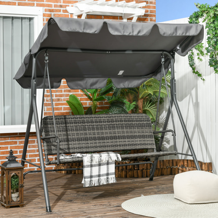 Columpio de Jardín Exterior de 3 Plazas Balancín de Jardín Exterior con Toldo Ajustable Asiento de Ratán PE y Reposabrazos para Balcón Terraza Patio Carga 240 kg 167x112x153 cm Gris