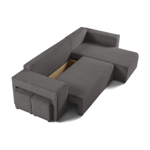 Topaze - canapé d'angle réversible 4 places - convertible avec coffre, tablette et poufs - en velours côtelé - Gris