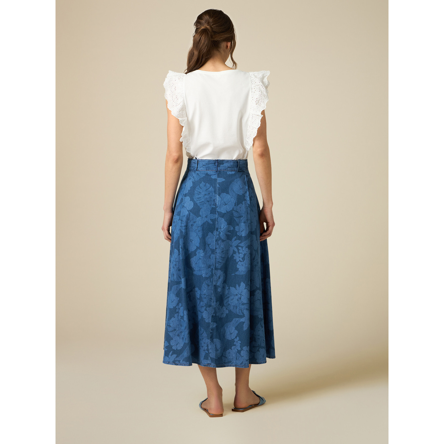 Oltre - Falda midi efecto denim estampado - Azul