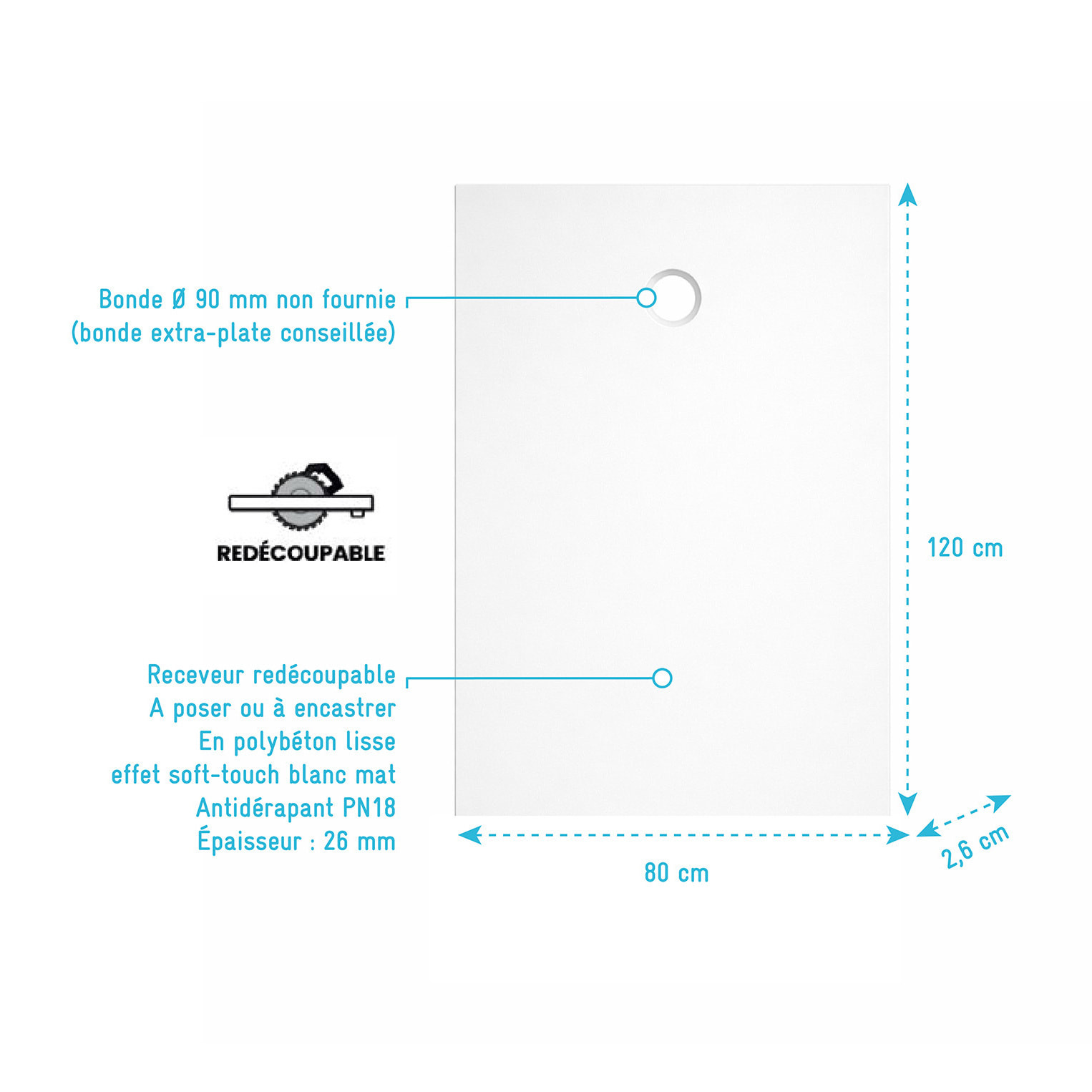 Receveur 120x80x2.6cm Extra-plat en Polybéton Blanc Mat Effet Soft-touch - Redécoupable - NELSON